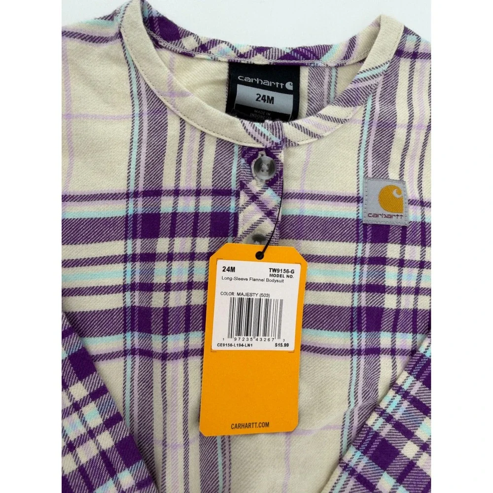 Carhartt Kids 24M Majesty Purple Plaid Flannel Long Sleeve Bodysuit